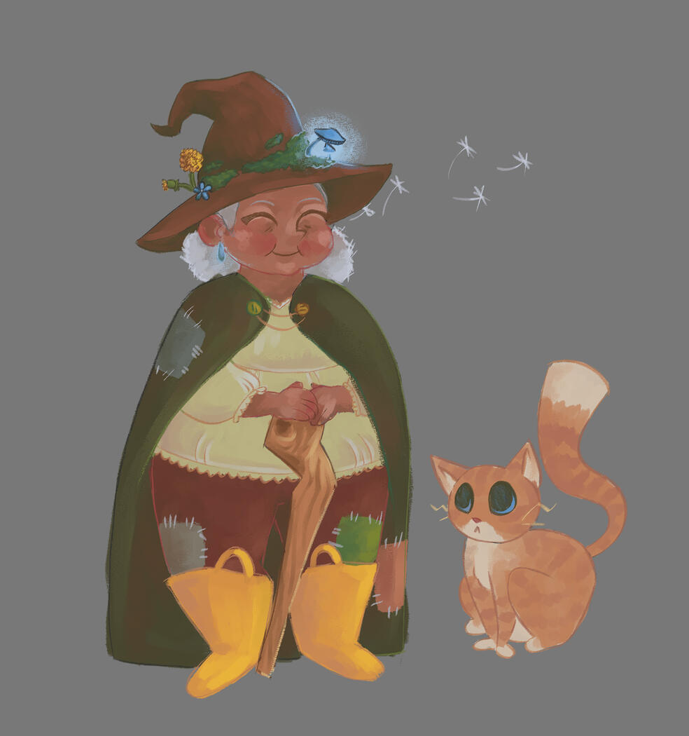 Old witch and cat familiar